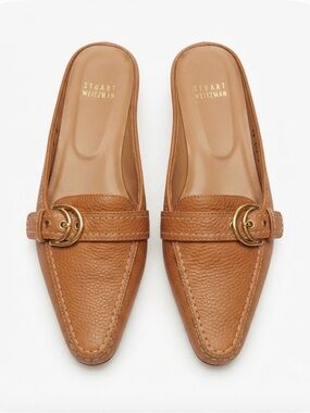 Stuart Weitzman Tan Leather Buckle Kitten Heel Slide Mules Size 9